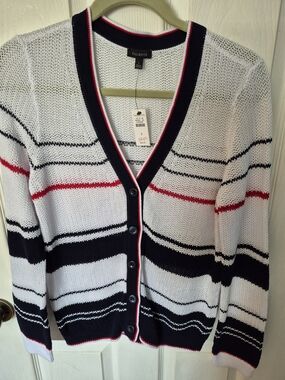 Talbots Navy, White & Red Striped Button-Front Cardigan
